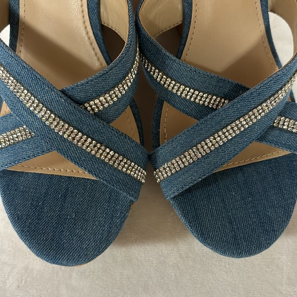 Guess Eieny medium blue denim fabric criss-cross rhinestone cork wedge shoes - Picture 2 of 5